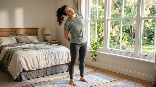 Woman stretching her neck and torso while standing on a yoga mat in her bedroom