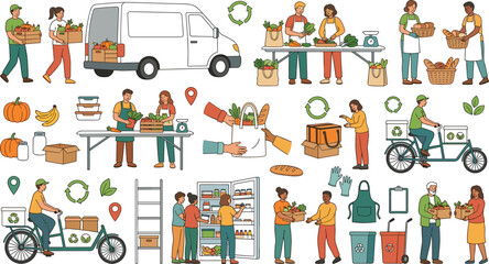 Naklejka premium Community food drive and local market delivery vector illustration collection set featuring volunteers food bank distribution cargo bikes and farm produce supply line