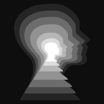 Monochrome infinite head silhouette tunnel symbolizing self discovery psychological depth and inner consciousness