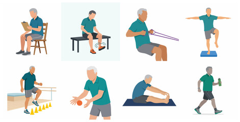 Fototapeta premium Elderly man performing various physical therapy and rehabilitation exercises, healthy aging and fitness vector illustration set