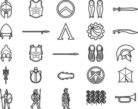 Ancient Spartan Warrior Iconography: A collection of monochrome line art icons depicting Spartan helmets, armor, shields, spears, swords, and sandals.