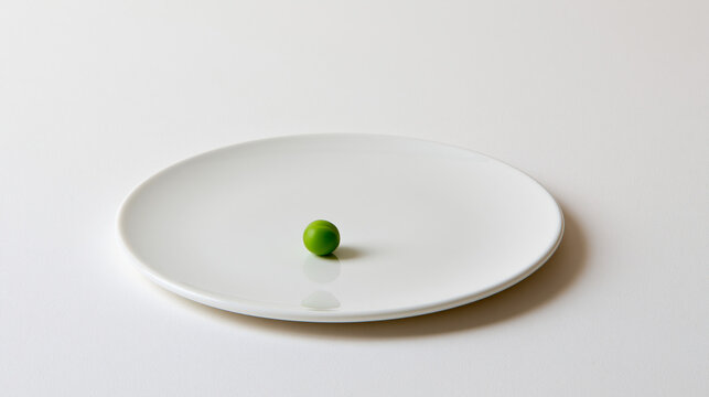 a single green pea centered on a bright white plate in minimalist even lighting, minimalist food styling concept, light portion, clean presentation, bright, with copy space