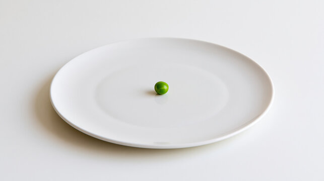 a single green pea centered on a bright white plate in minimalist even lighting, minimalist food styling concept, light portion, clean presentation, bright, with copy space