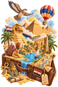 Egypt Travel Scene with Pyramids, Sphinx and Nile