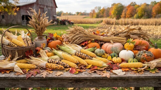 Autumn harvest display with corn, pumpkins, and gourds on a farm table