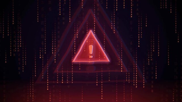 Digital Security Warning with Red Alert Triangle and Skull Icon on Binary Code Background