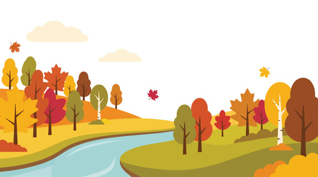 A vibrant autumn landscape vector illustration showcasing the beauty of fall foliage with a gentle river flowing through a colorful forest perfect for thanksgiving