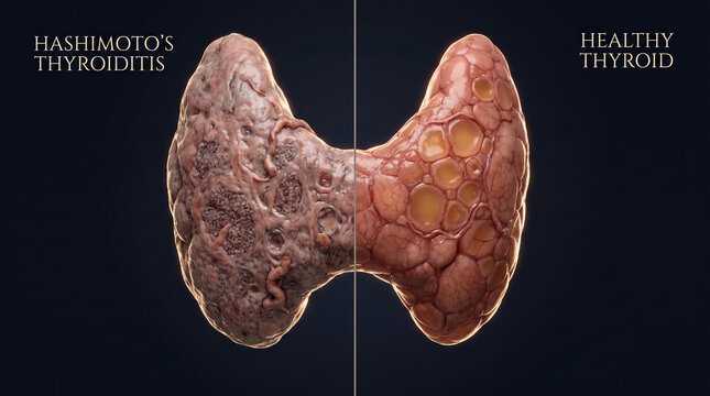 Hashimoto's thyroid gland compared to healthy thyroid in medical illustration