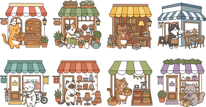 Cute animal storekeepers vector set featuring cat shop owners bakery flower shop ceramic studio market stalls and boutique storefronts