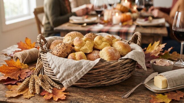 Fresh bread rolls in a woven basket with autumn leaves and wheat stalks