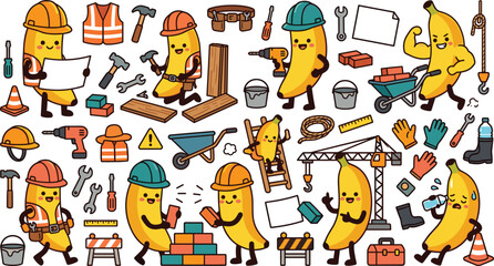 Obraz premium Cute banana worker cartoon character vector set with construction tools hard hats safety gear and site equipment for fun industrial branding