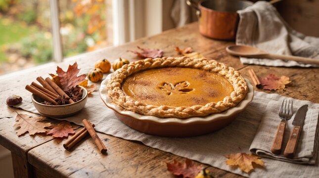 Homemade pumpkin pie with braided crust on a rustic wooden table
