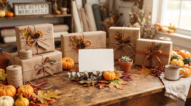 Handmade gift packages wrapped in brown paper with autumn decorations and blank card