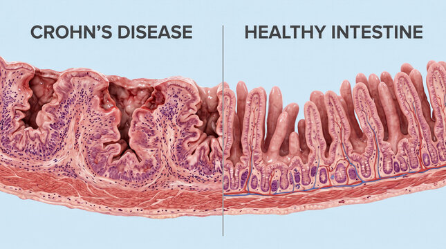 Intestinal tissue comparison showing disease versus healthy state