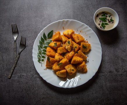 View from top of masala fried idli, a South Indian snack dish