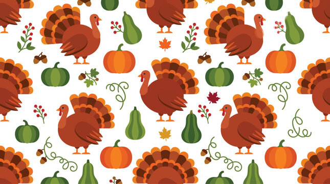 A vibrant and festive autumn background featuring turkeys pumpkins and pears perfect for thanksgiving celebrations and seasonal designs offering a warm and inviting aesthetic