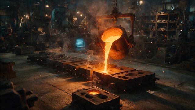 Molten iron pouring into industrial sand molds within a dark glowing metal foundry workshop showcasing liquid heat and heavy manufacturing processes during a busy shift