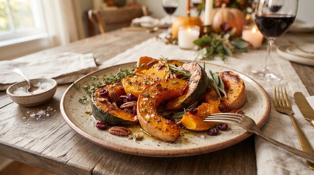 Roasted squash wedges with pecans, cranberries, and fresh herbs on a plate