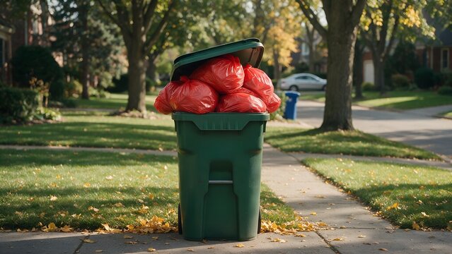 Green plastic trash bin overflowing with multiple bright red garbage bags sitting on a suburban sidewalk during a sunny autumn day with soft natural lighting