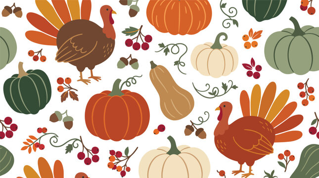 A delightful autumn and thanksgiving vector background featuring pumpkins turkeys pears and various fall harvest elements perfect for seasonal designs