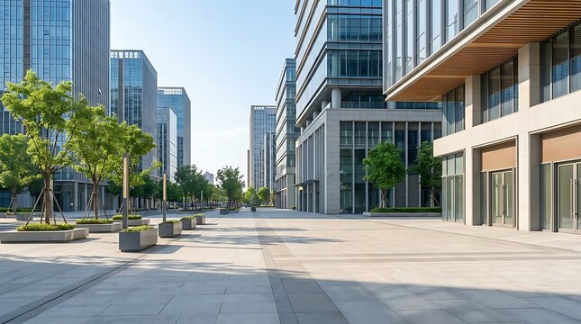 Modern glass office buildings in a city business district with trees and a paved outdoor walkway area. during the day