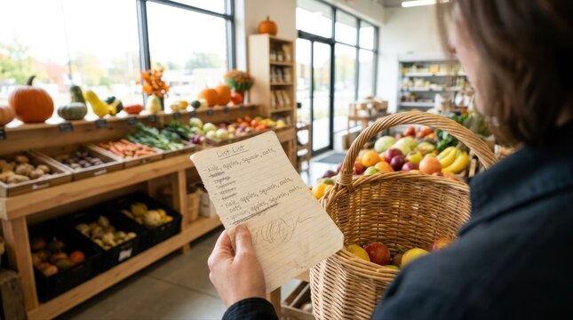 Person holding a handwritten shopping list, checking off items in a grocery store produce section, with a basket of fresh fruits