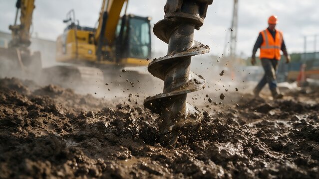 Industrial auger drill bit boring deep into wet mud on a busy construction site with bright natural lighting and blurred worker in the distant background