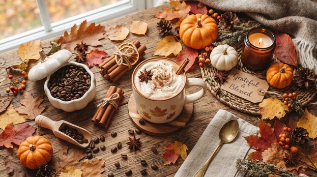 Thanksgiving coffee flat lay with pumpkins, cinnamon sticks, and autumn leaves on wood table