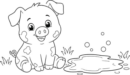 Fototapeta premium Cartoon pig playing in a puddle black and white line art
