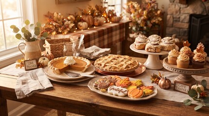 Fototapeta premium Thanksgiving dessert table with pumpkin pie, lattice crust pie, and decorated cookies
