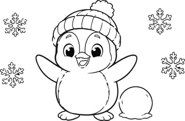 Fototapeta premium Cartoon penguin wearing a winter hat and holding a snowball black line art