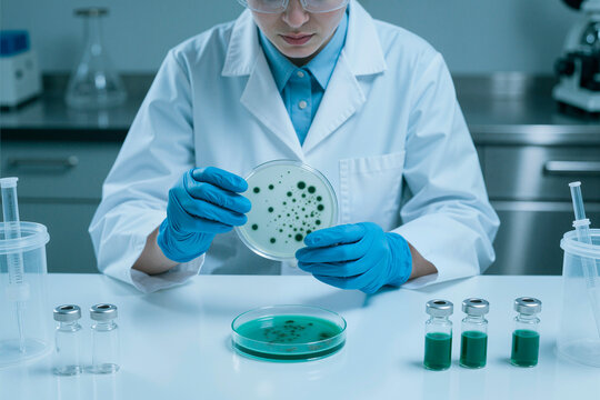 Close up of young adult scientist examining petri dish with microbial culture in laboratory, conducting contamination testing. Ideal for biotech research, diagnostics marketing