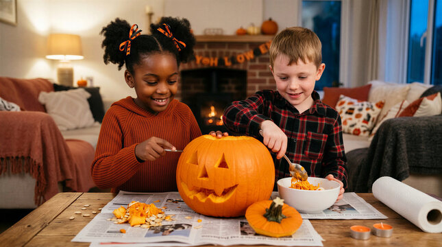 Two children joyfully carving a Halloween pumpkin indoors by a cozy fireplace