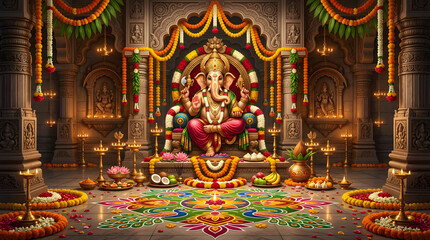 Fototapeta premium Lord Ganesha idol in a decorated temple sanctum.