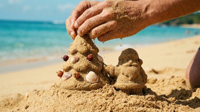 Hands forming a sand Christmas tree and Santa Claus decorated with shells and berries on a sunny tropical beach