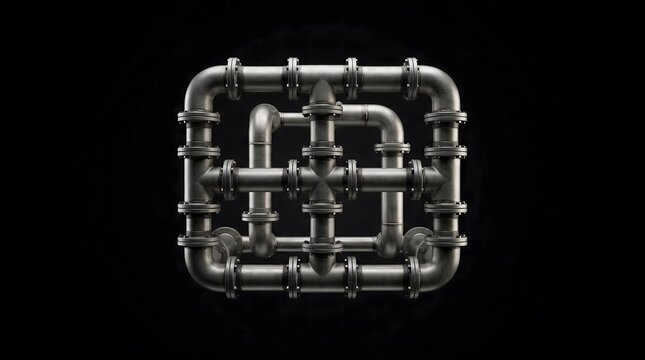 Abstract impossible geometry made of metallic industrial steel pipes