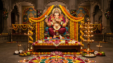 Fototapeta premium Lord Ganesha idol on decorated altar for Ganesh Chaturthi.