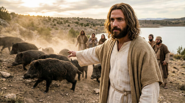 Biblical scene of Jesus casting out demons into a herd of pigs during sunset