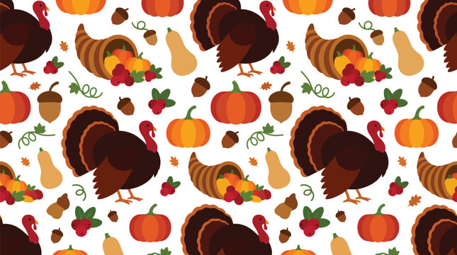 A vibrant and festive thanksgiving vector background featuring autumn leaves pumpkins turkeys and seasonal fruits perfect for holiday designs and celebrations