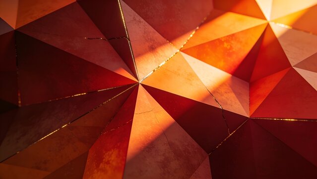 Abstract geometric pattern featuring vibrant orange and red triangular shapes with golden cracks illuminated by dramatic cinematic light creating a sophisticated modern luxury background design wallpa