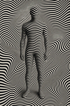 A striking optical illusion artwork featuring wavy lines that create a dynamic sense of movement and depth. Hidden within the abstract pattern is the subtle silhouette of a standing human figure.