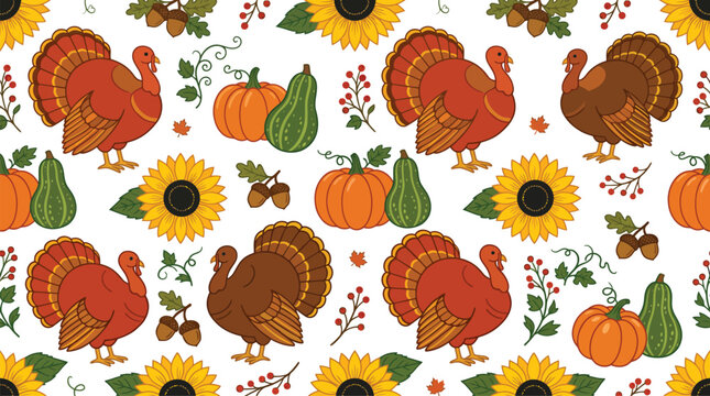 A vibrant and festive autumn background featuring turkeys pumpkins and sunflowers perfect for thanksgiving celebrations and fall themed designs creating a warm atmosphere