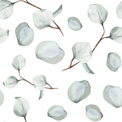 Seamless watercolor pattern with eucalyptus leaves, branches. Sage green foliage scattered on white background. Botanical design for wedding, fabric, wallpaper, textile prints, eco-friendly packaging © Oksana