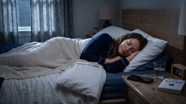 Young woman peacefully sleeping in her cozy bedroom at night
