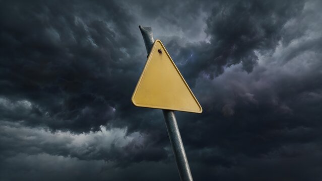 Blank yellow triangular warning road sign stands against dark ominous stormy clouds with visible flashes of lightning in a dramatic low angle atmospheric nature shot
