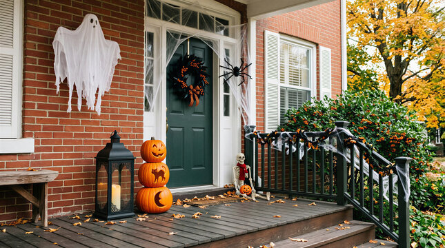 Halloween decorations on a porch with pumpkins and a ghost in autumn colors
