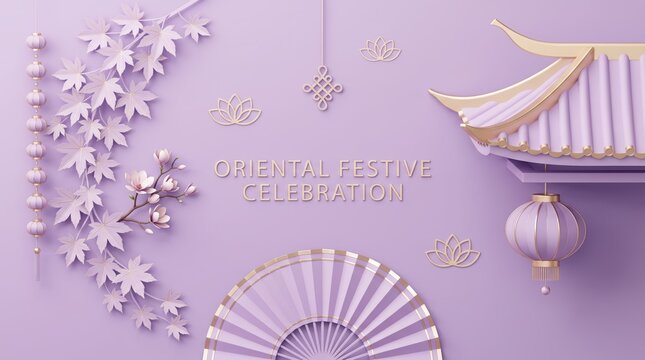 Oriental festive celebration background with purple and gold decorations