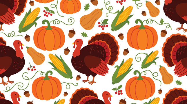 A vibrant and festive thanksgiving vector background featuring pumpkins corn turkeys and autumn leaves perfect for seasonal designs and celebrations