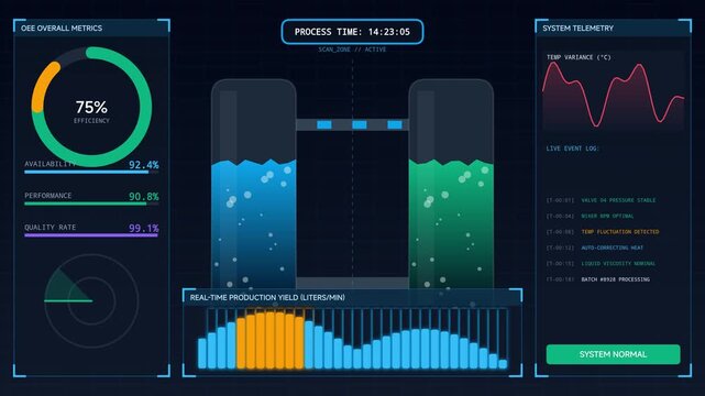 High-tech industrial dashboard interface displaying automated production metrics, chemical tank levels, and system analytics for smart factory monitoring