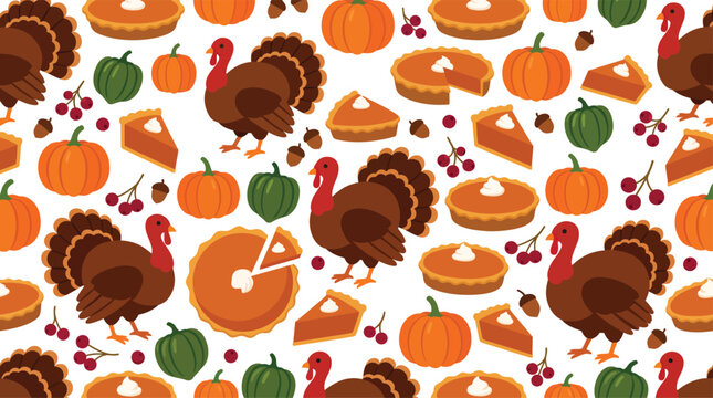A vibrant and festive autumn background featuring turkeys pumpkins and berries perfect for thanksgiving celebrations and fall themed designs and projects